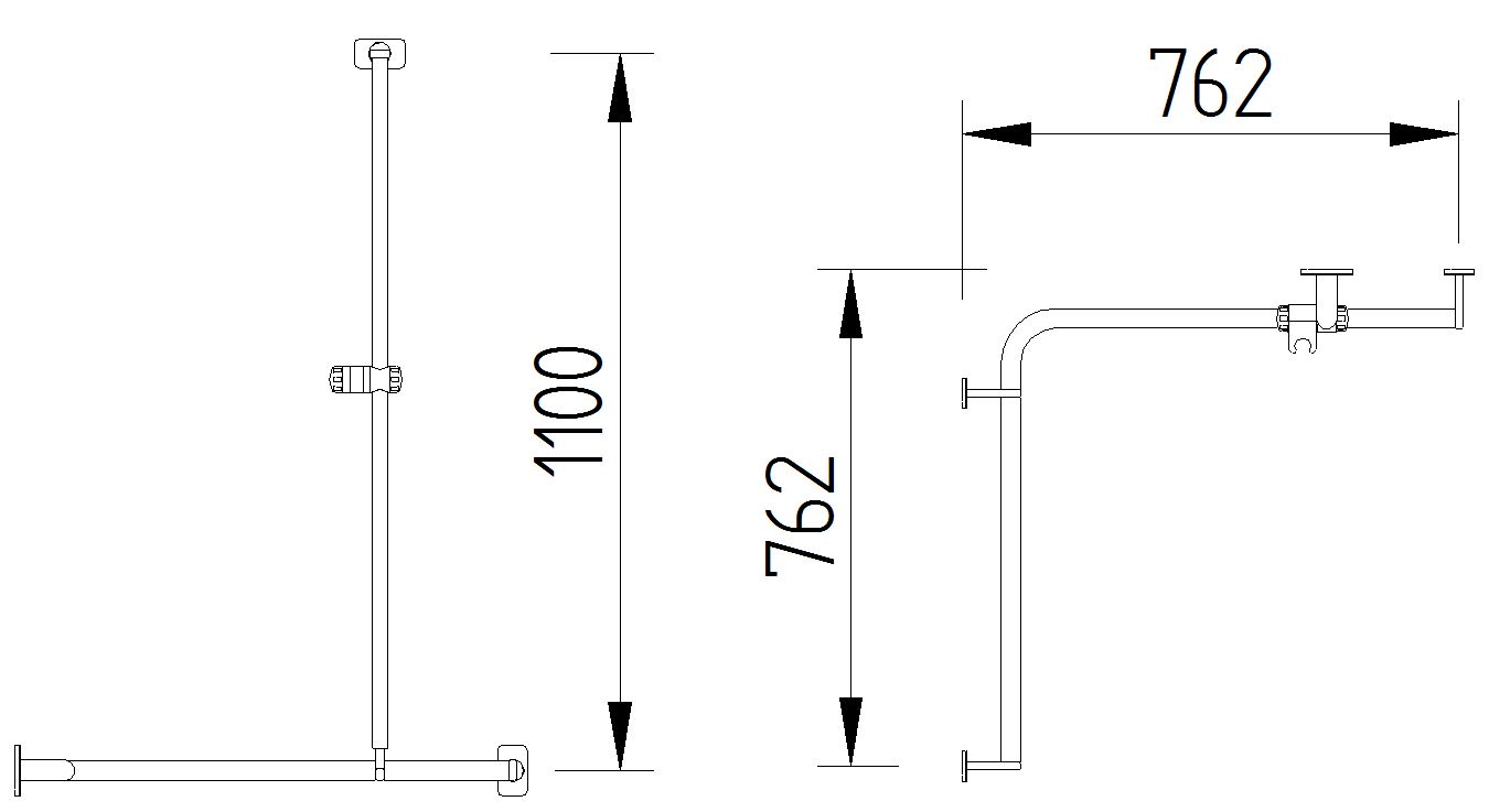 Skizze - Duschhandlauf 762 x 762 mm mit Brausestange - Serie Evolution von Lehnen