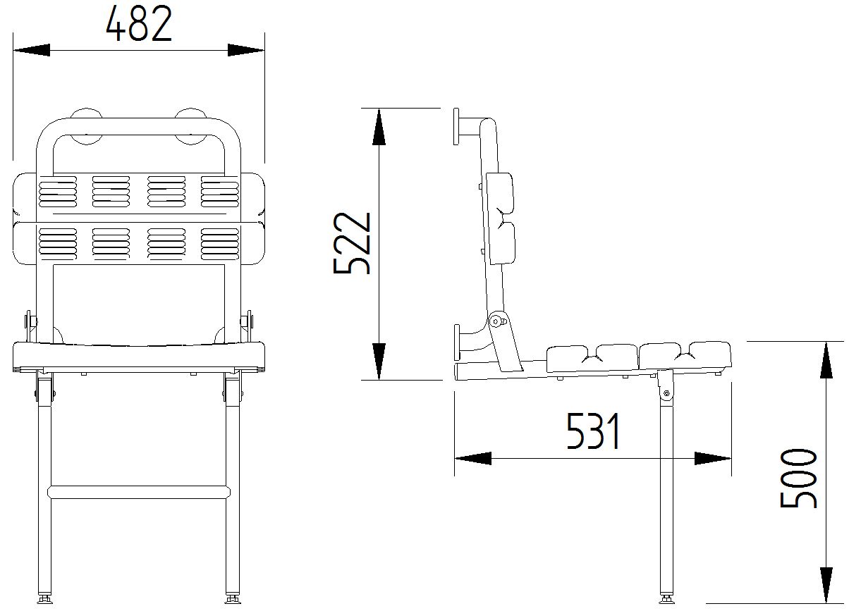 Skizze - Duschsitz mit Rückenlehne und Bodenstütze, Wandmontage - Serie Funktion von Lehnen