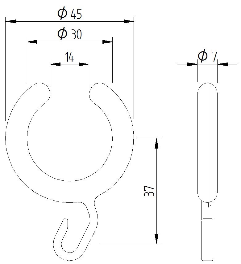 Skizze - Vorhangring oben offen mit Häkchen unten - Artikel L33301000 - Serie Evolution von Lehnen